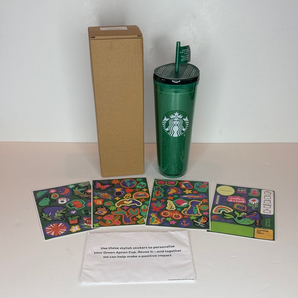 Starbucks Green Apron employee cup with stickers and box